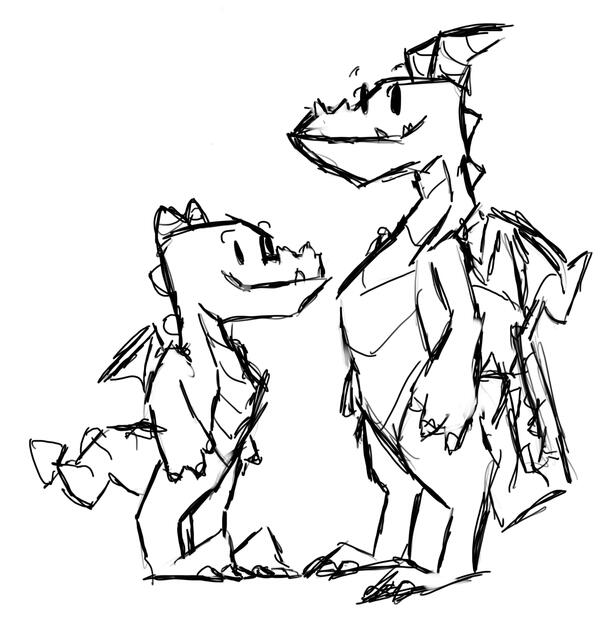 First sketch that led to creation of project, showing Blaze and Ash in their earliest designs.